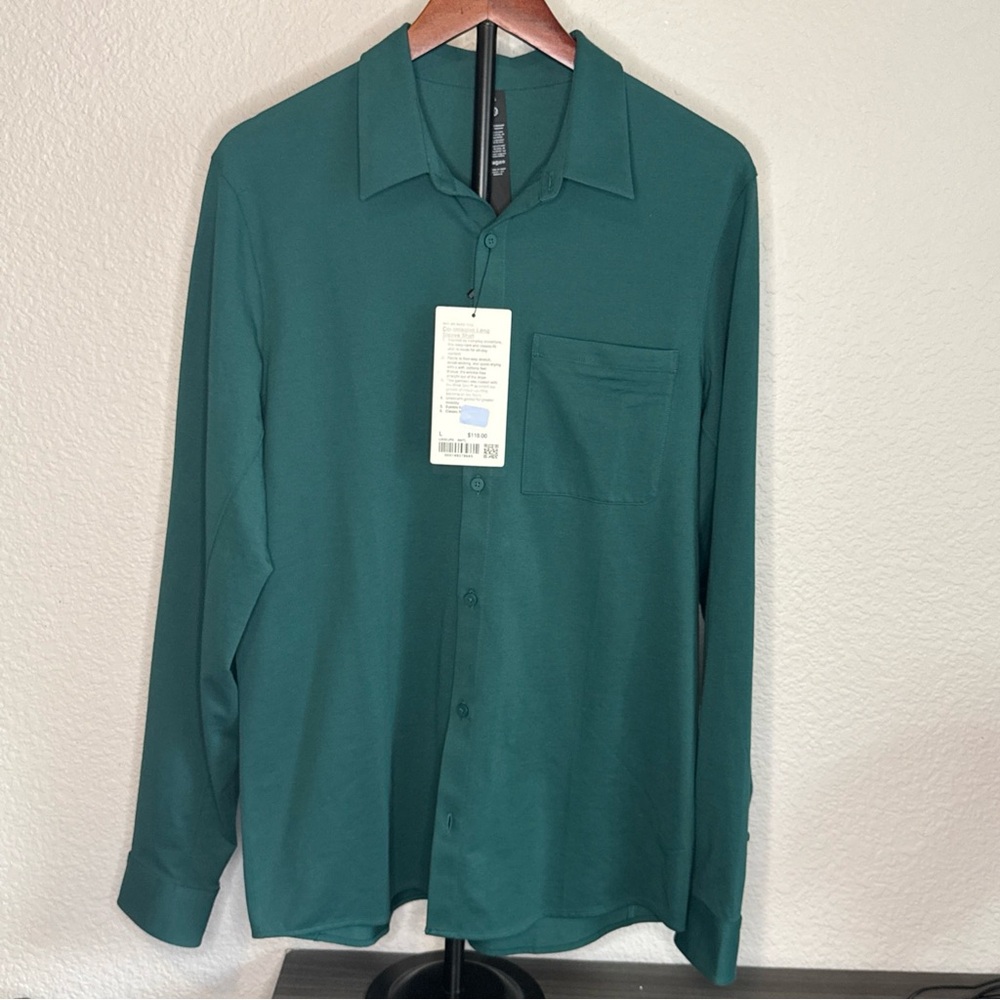 Lululemon Mens Green Stretch Soft Commission Short Sleeve Button Up Shirt Size L